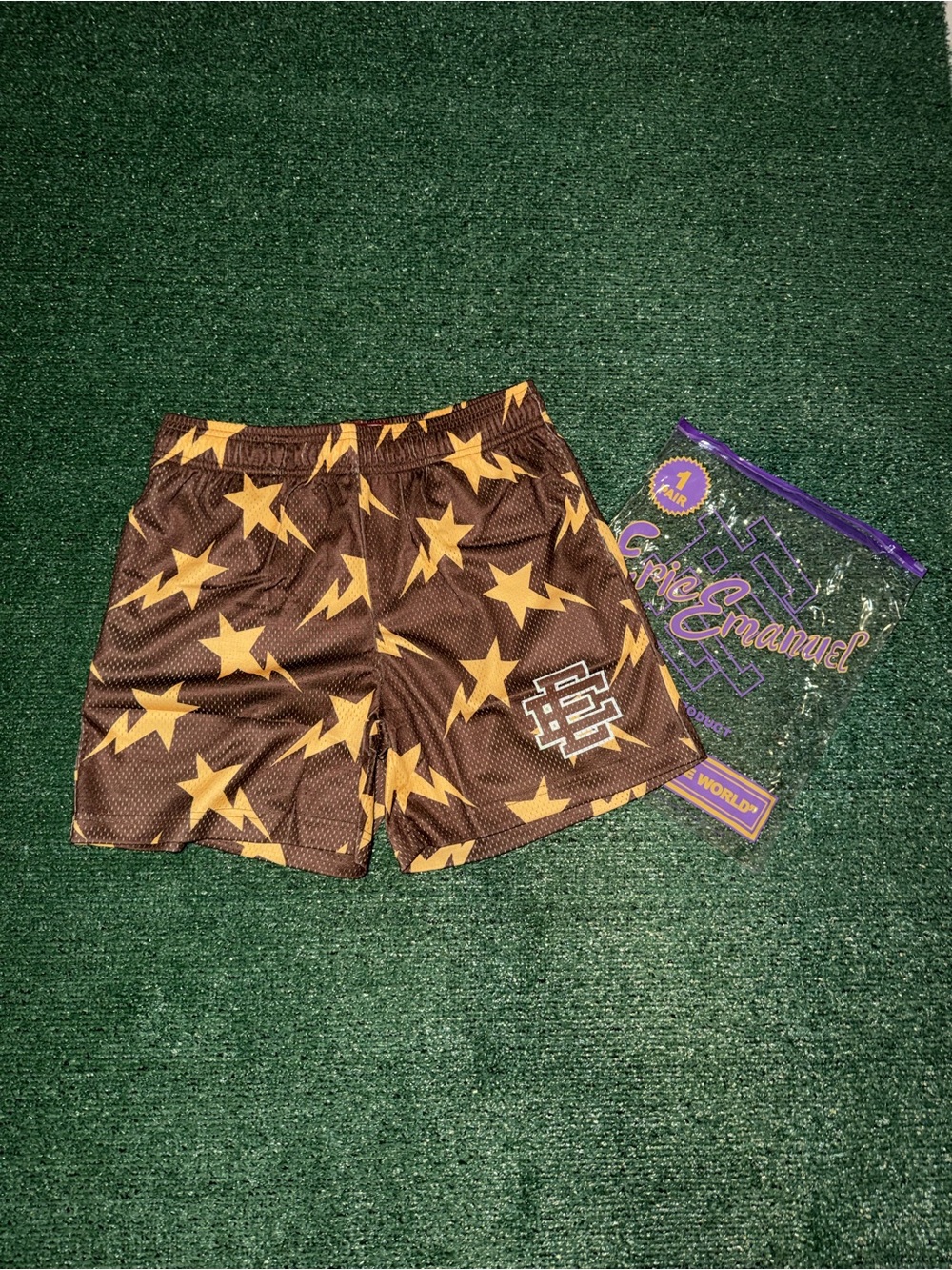 Eric Emanuel Brown Mesh Shorts with Yellow Star Print